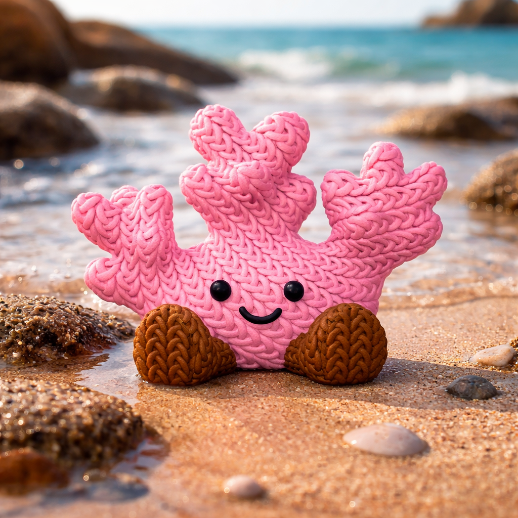 Cora the Coral, a pink crochet-style coral Buddy sitting along a peaceful ocean shore.