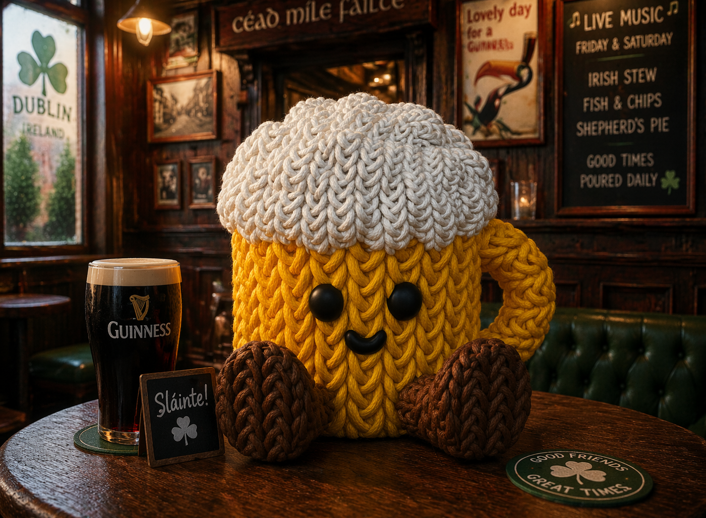 Bruno the Beer, a yellow crochet-style beer mug, sitting inside a lively Irish pub.