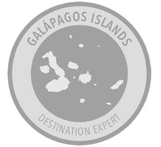 Galapagos Islands Destination Expert logo. Gray circular badge with island outline and text.