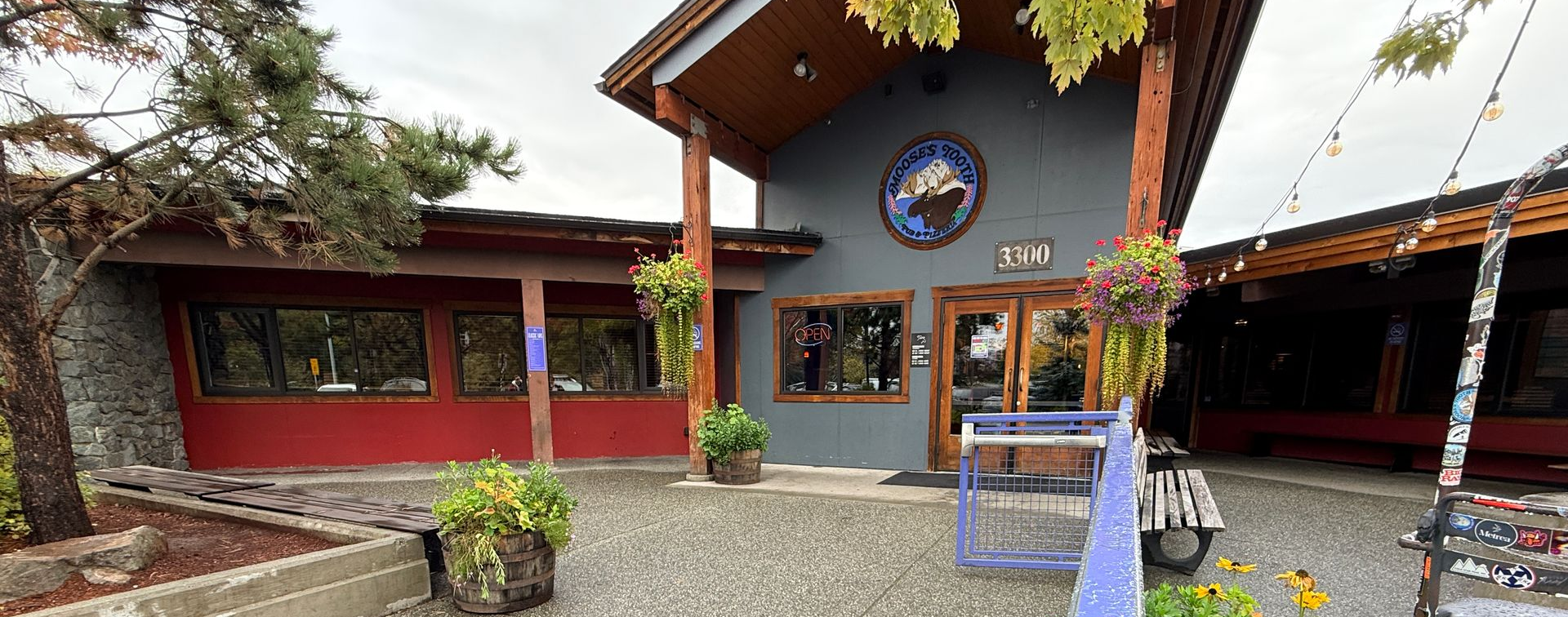 Exterior view of the Northwest Animal Hospital building with plants and a quirky garden gnome-like figure in the foreground.