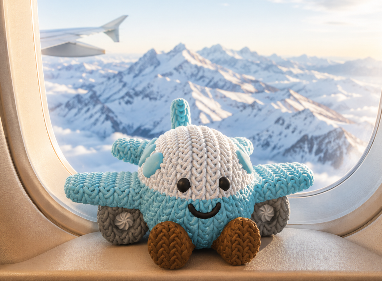 Jet the Airplane, a crochet-style airplane Buddy, ready for departure beside an airport window.