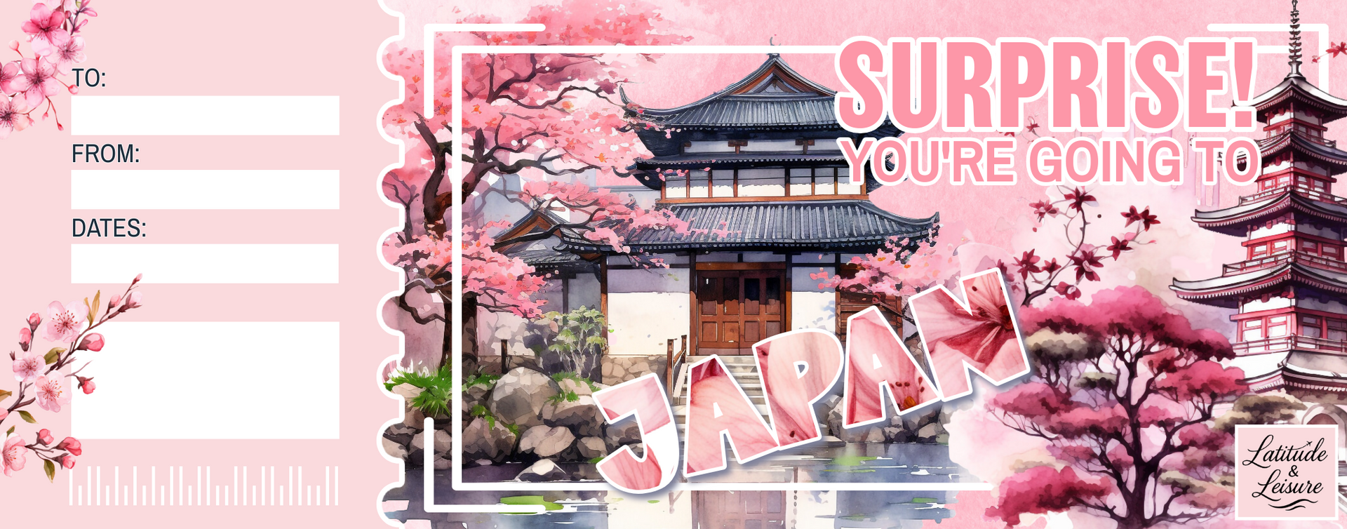 Pink card with Japanese theme: "Surprise! You're going to Japan". Cherry blossoms, temple illustration.