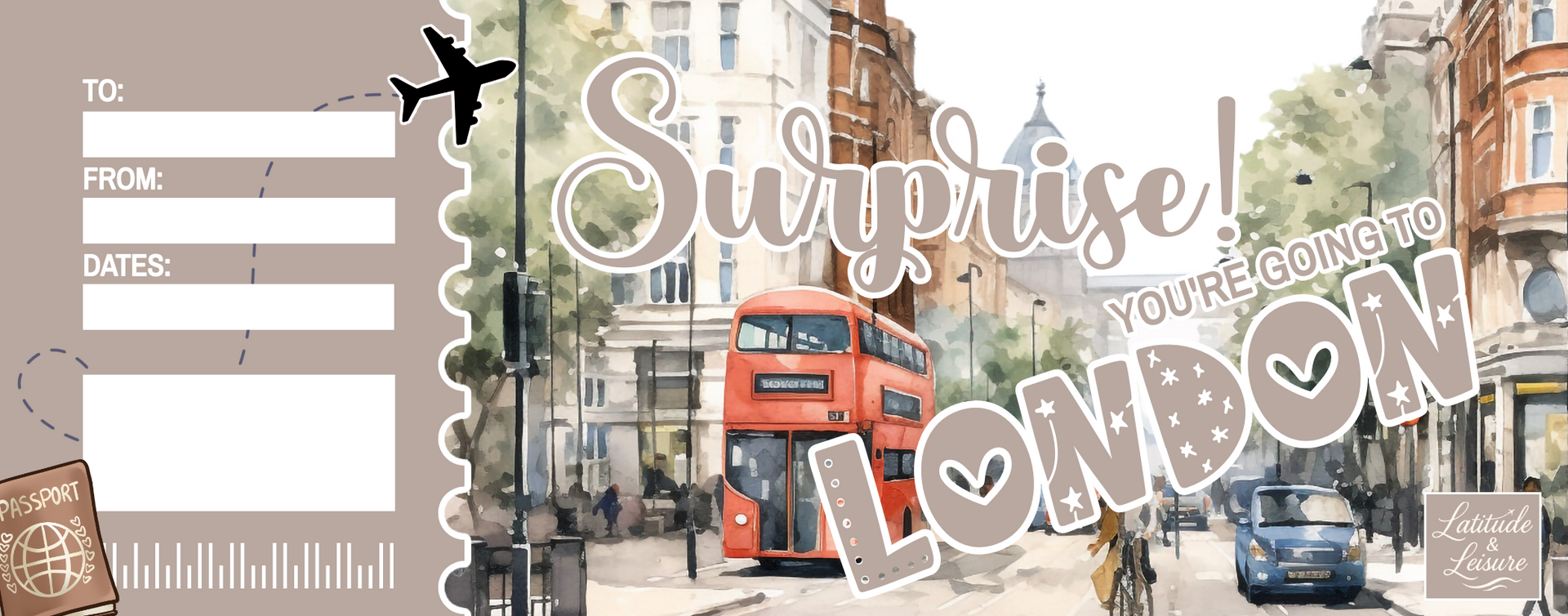 A travel surprise ticket with "London" in large letters and a red double-decker bus.