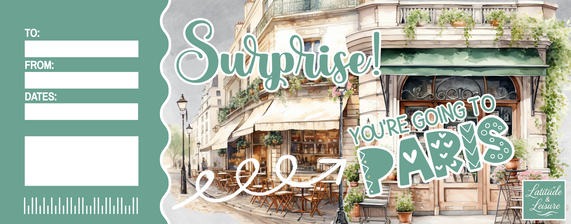 A surprise ticket to Paris with text fields, a vintage city scene, and teal accents.