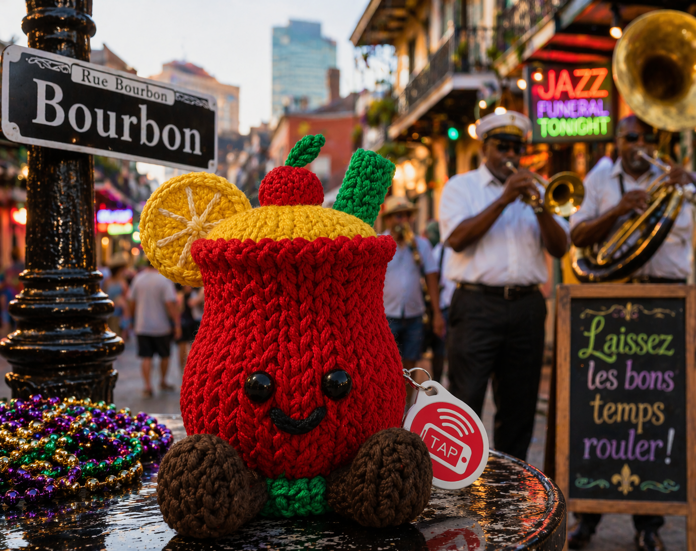 Lola the Hurricane, a red crochet-style hurricane drink Buddy enjoying the bright lights and festive energy of Las Vegas.