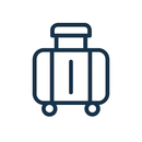 Navy blue outlined suitcase on wheels.