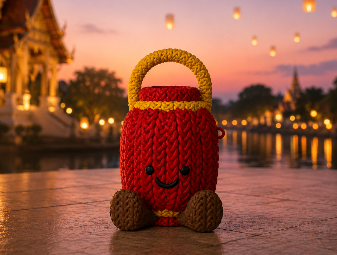 Lumi the Lantern, a red crochet-style lantern Buddy glowing beside a lantern festival at dusk.