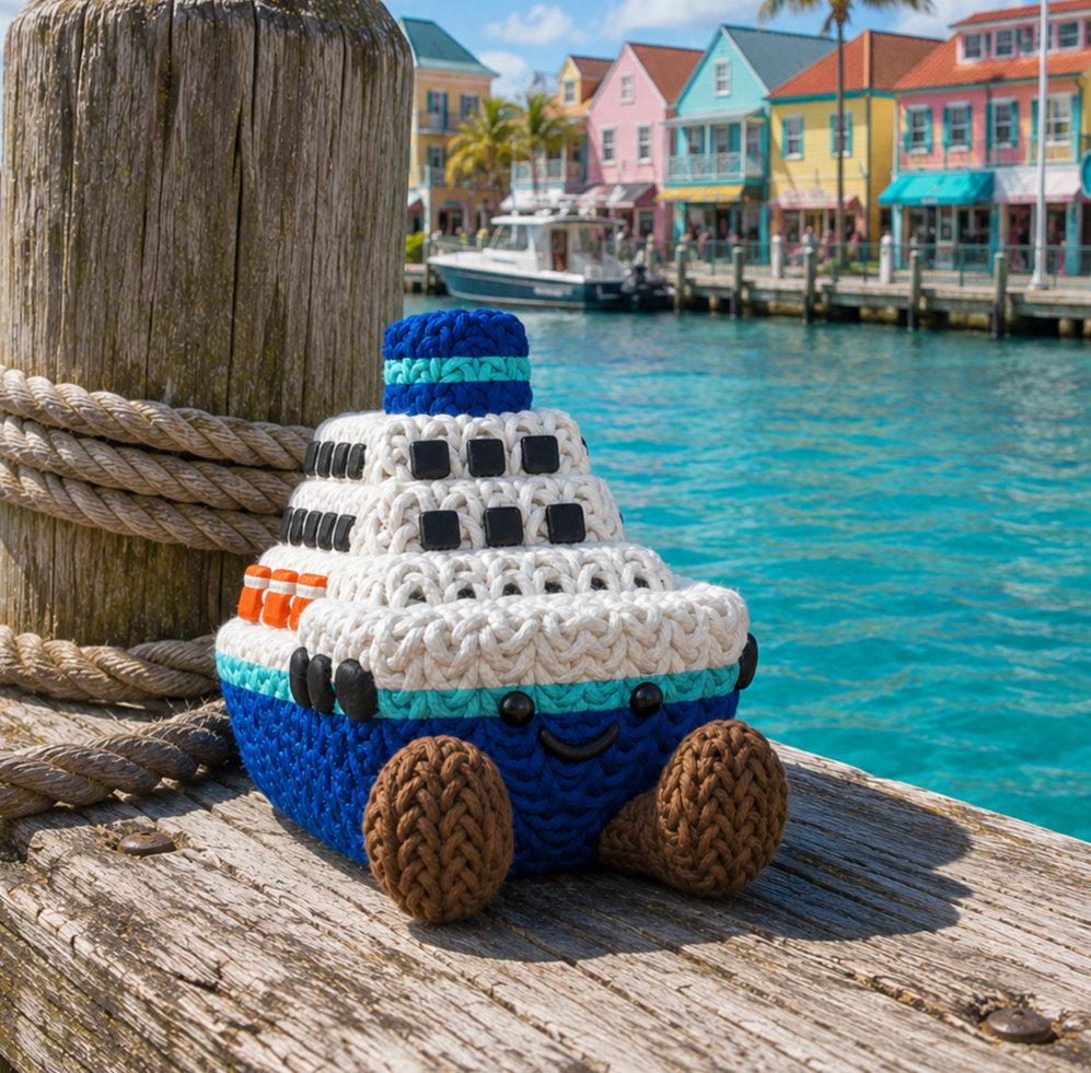 Marina the Cruise Ship, a crochet-style cruise ship Buddy sailing past blue glaciers in Alaska.
