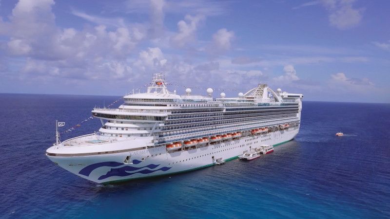 Cruise ship on blue ocean under a clear, sunny sky.