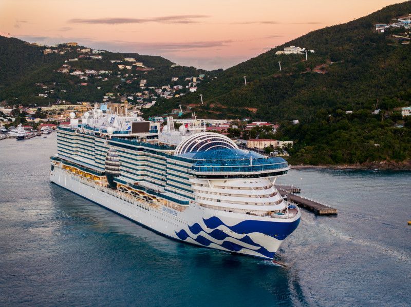 A large, white and blue cruise ship at a dock in front of a lush green hillside at sunset.