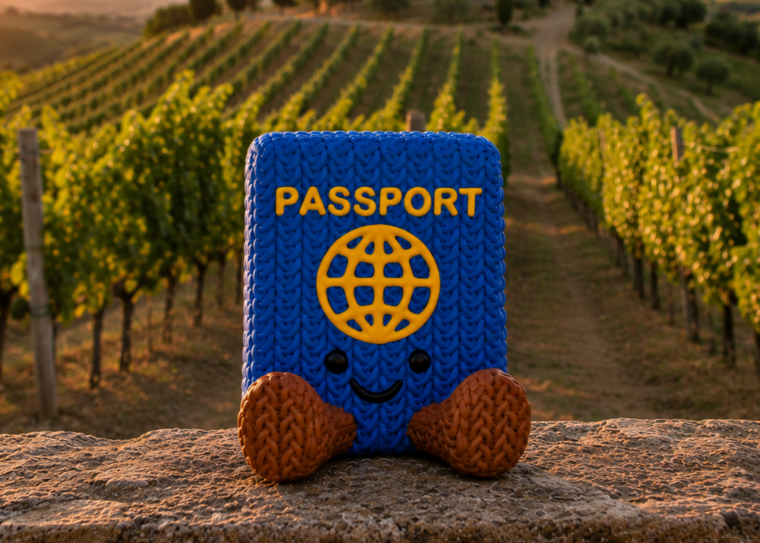 Pax the Passport, a crochet-style passport Buddy, beginning a new international adventure.