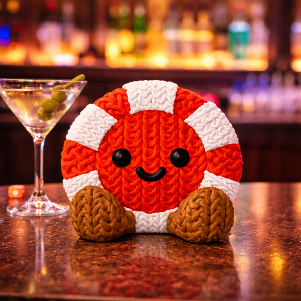 Jack the High Roller, a red-and-white crochet-style casino chip Buddy surrounded by the colorful lights of Las Vegas.