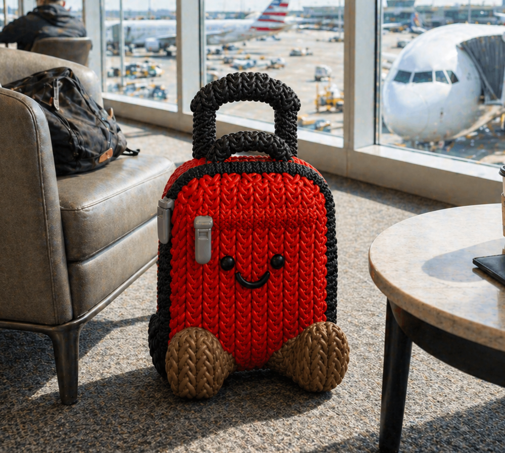 Porter the Carry-On, a red crochet-style suitcase Buddy, waiting in an airport departure lounge.