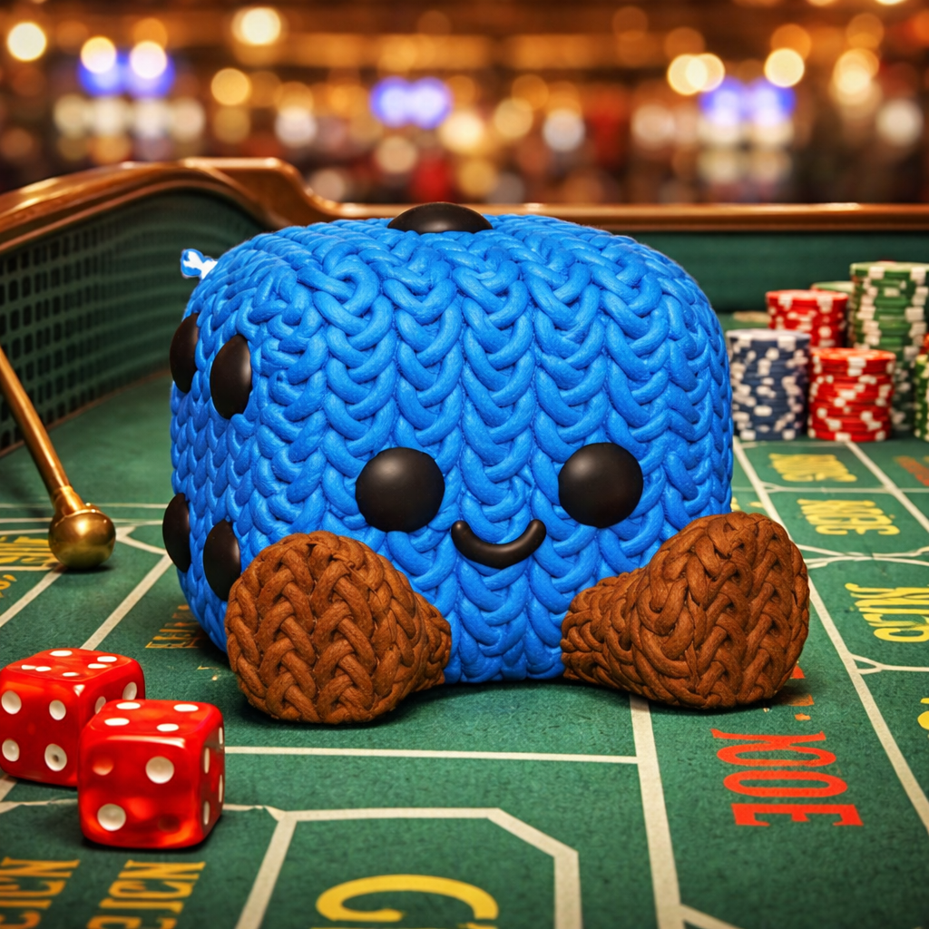 Pip the Dice, a blue crochet-style dice Buddy, sitting at a colorful casino table.
