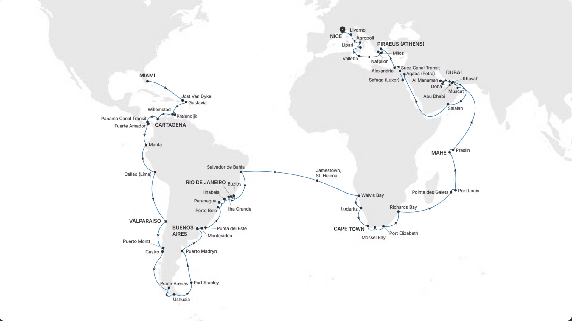 World map with a route tracing a sailing journey, highlighting various port cities.