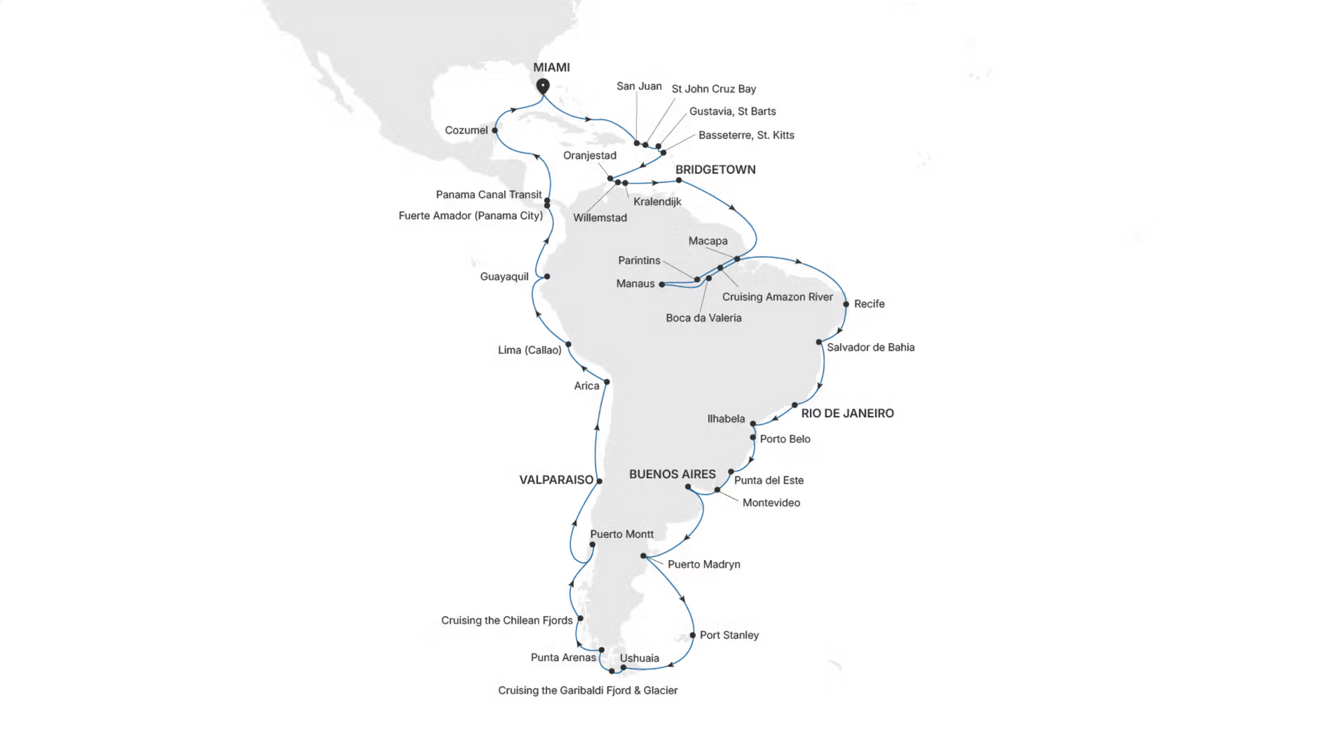 Map showing a cruise route around South America, starting in Florida and including stops in various countries.