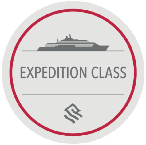 Silversea Expedition Class logo with cruise ship icon and text on circular burgundy background.