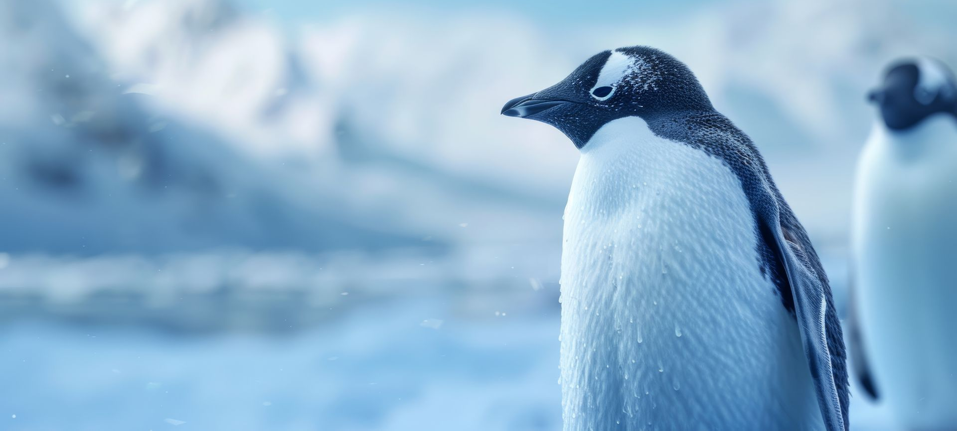 Penguin standing on ice, looking to the left, in a snowy, cold environment.