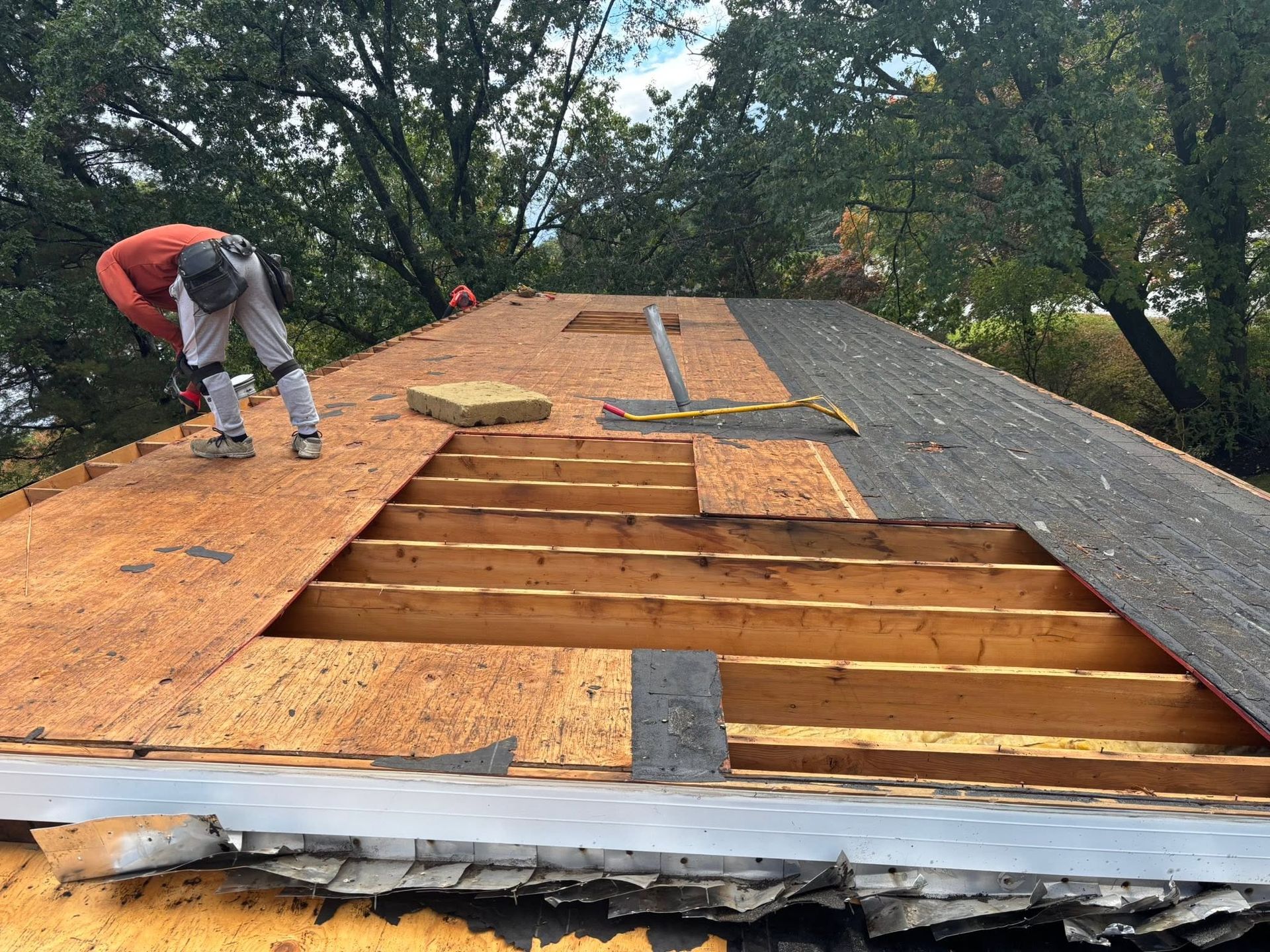 Worker replacing roof sheathing on a house, with exposed rafters and shingles removed.