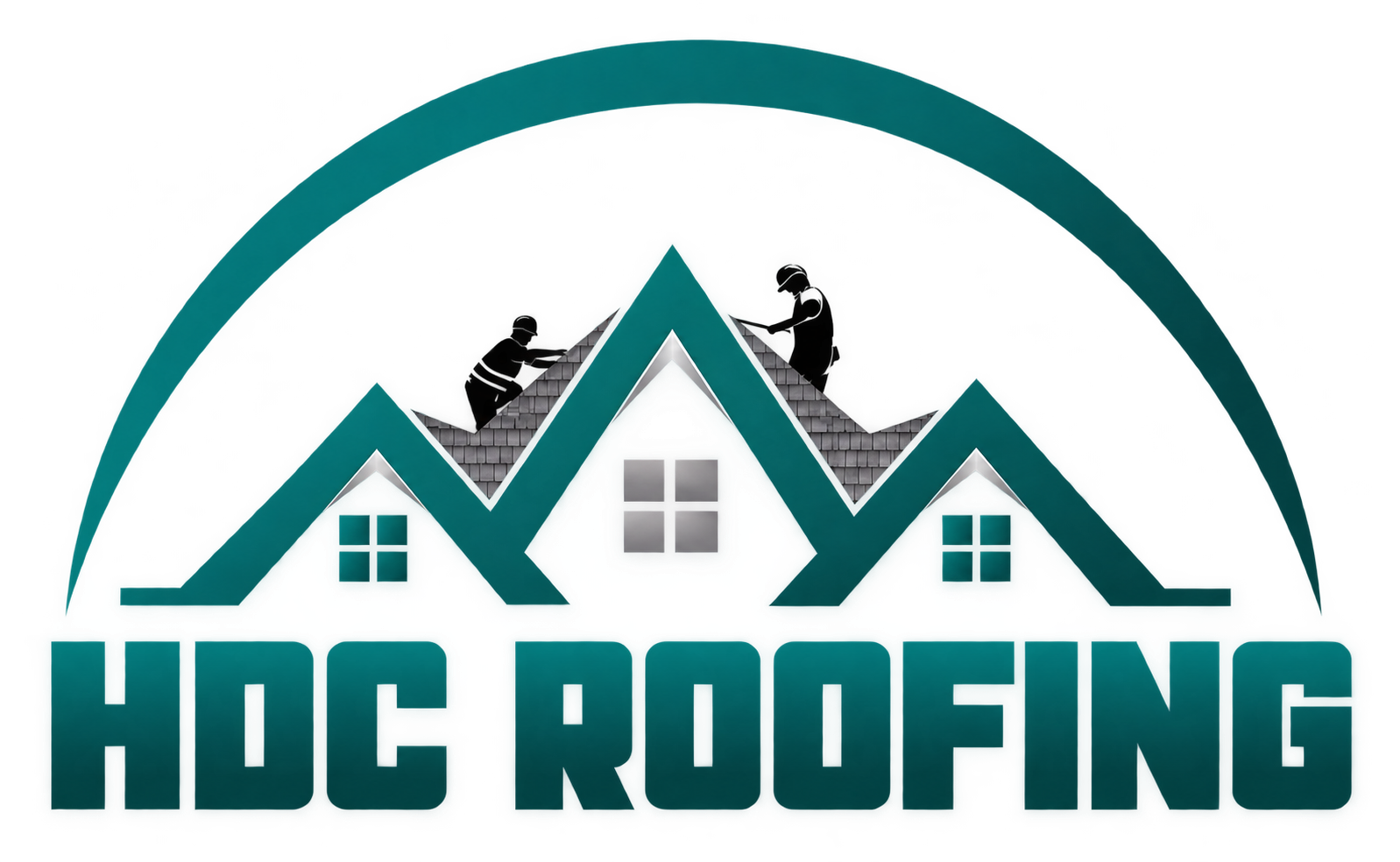 HDC Roofing logo with teal rooftops, roofers silhouette, and bold teal text on white background