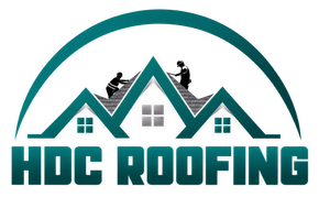 HDC Roofing logo with teal rooftops, roofers silhouette, and bold teal text on white background