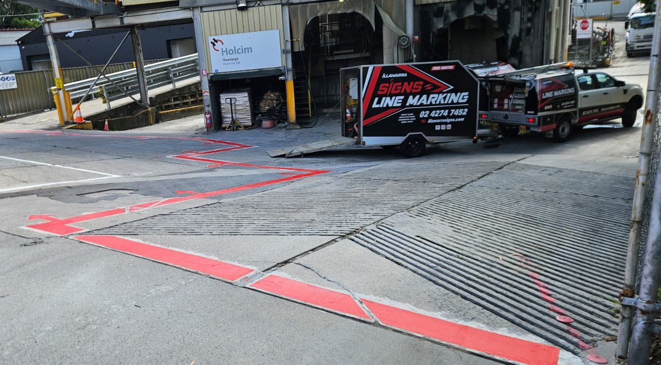Red exclusion zone at Holcim's Thornleigh concrete plant, with our trailer and ute