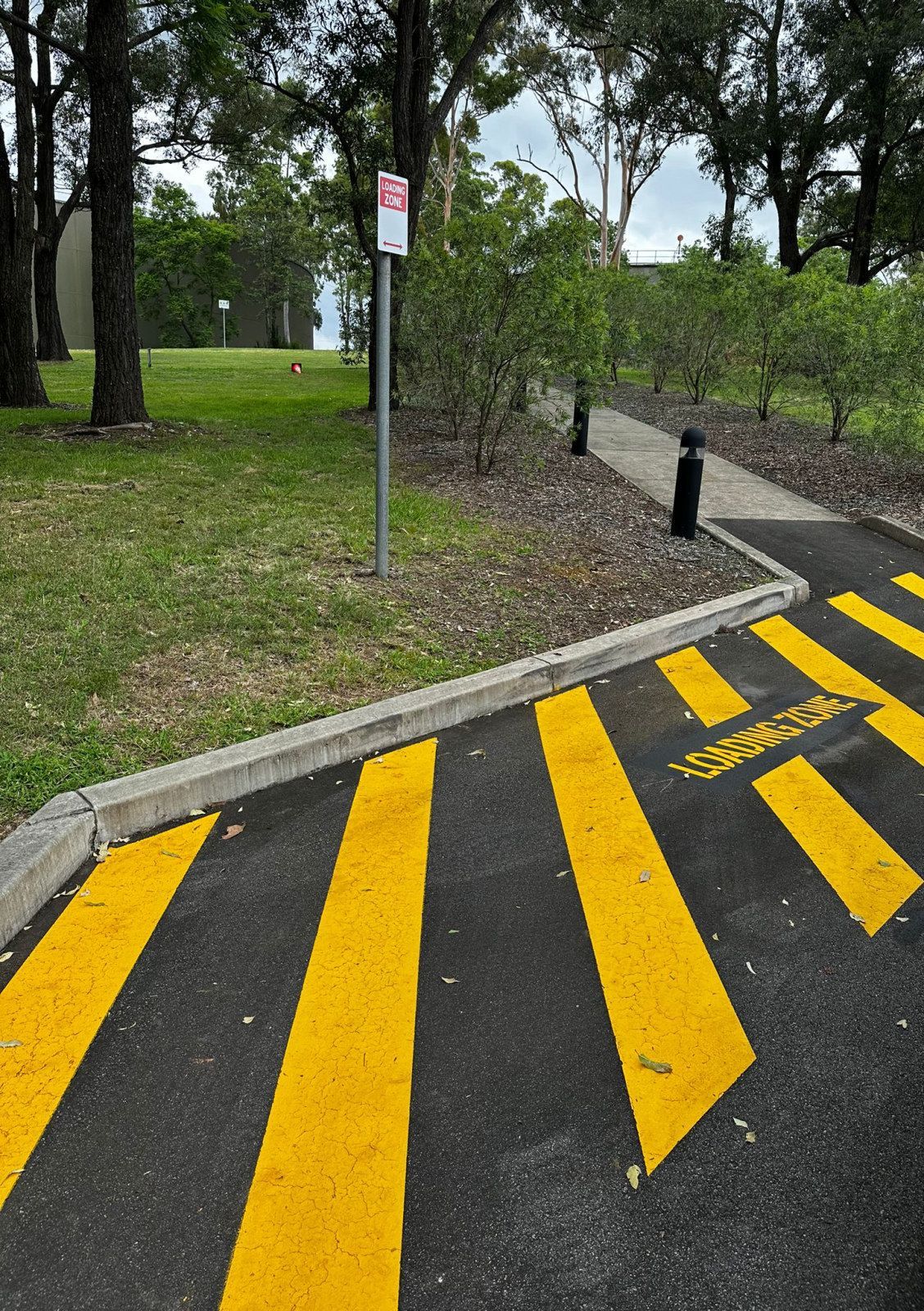 Yellow loading zone chevron and stencil at a water filtration plant
