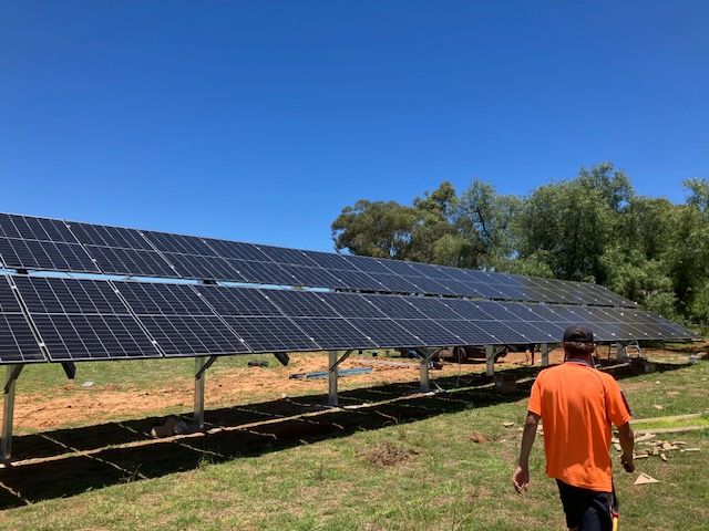 Man in orange shirt walks past a long row of solar panels on a sunny day. — Todd Basham Electrical in Cootamundra, NSW