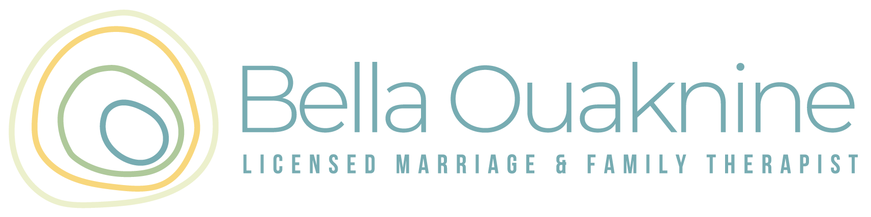 Logo of Bella Ouaknine, Licensed Marriage & Family Therapist. Features a layered, organic shape in muted greens and yellow.