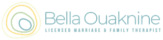 Logo of Bella Ouaknine, Licensed Marriage & Family Therapist. Features a layered, organic shape in muted greens and yellow.