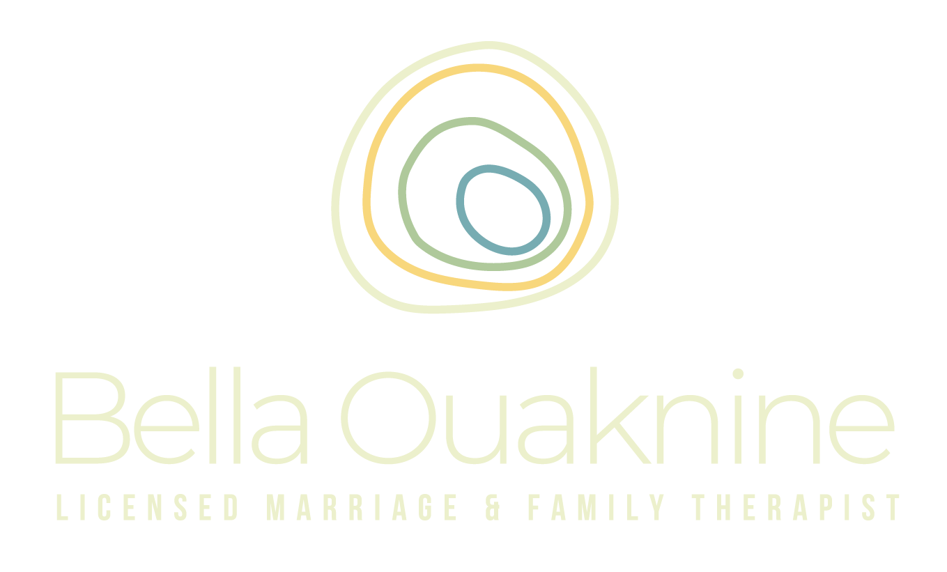 Logo for Bella Ouaknine, Licensed Marriage & Family Therapist. It features an abstract concentric design in shades of blue, green, and yellow above the name.