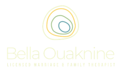 Logo for Bella Ouaknine, Licensed Marriage & Family Therapist. It features an abstract concentric design in shades of blue, green, and yellow above the name.