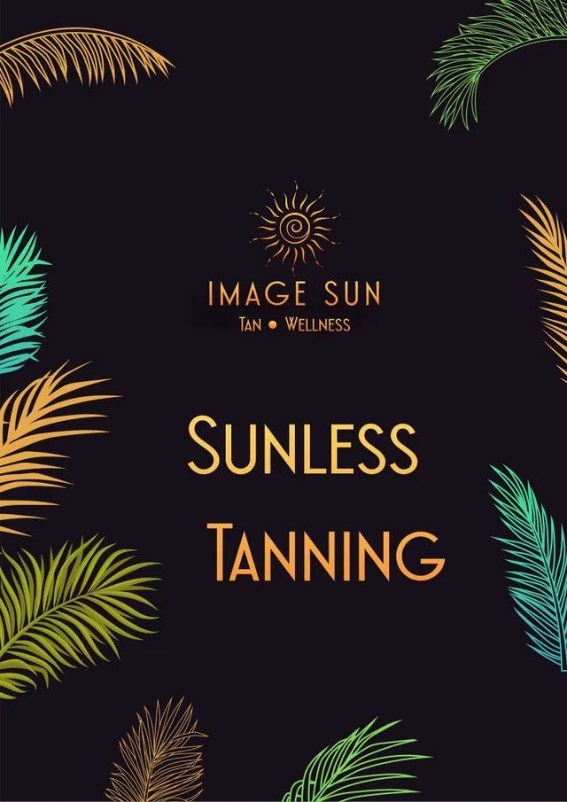 A poster for sunless tanning with palm leaves on a black background