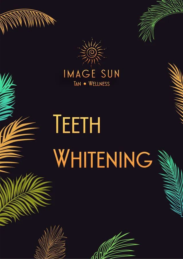 A poster for teeth whitening with palm leaves on a black background