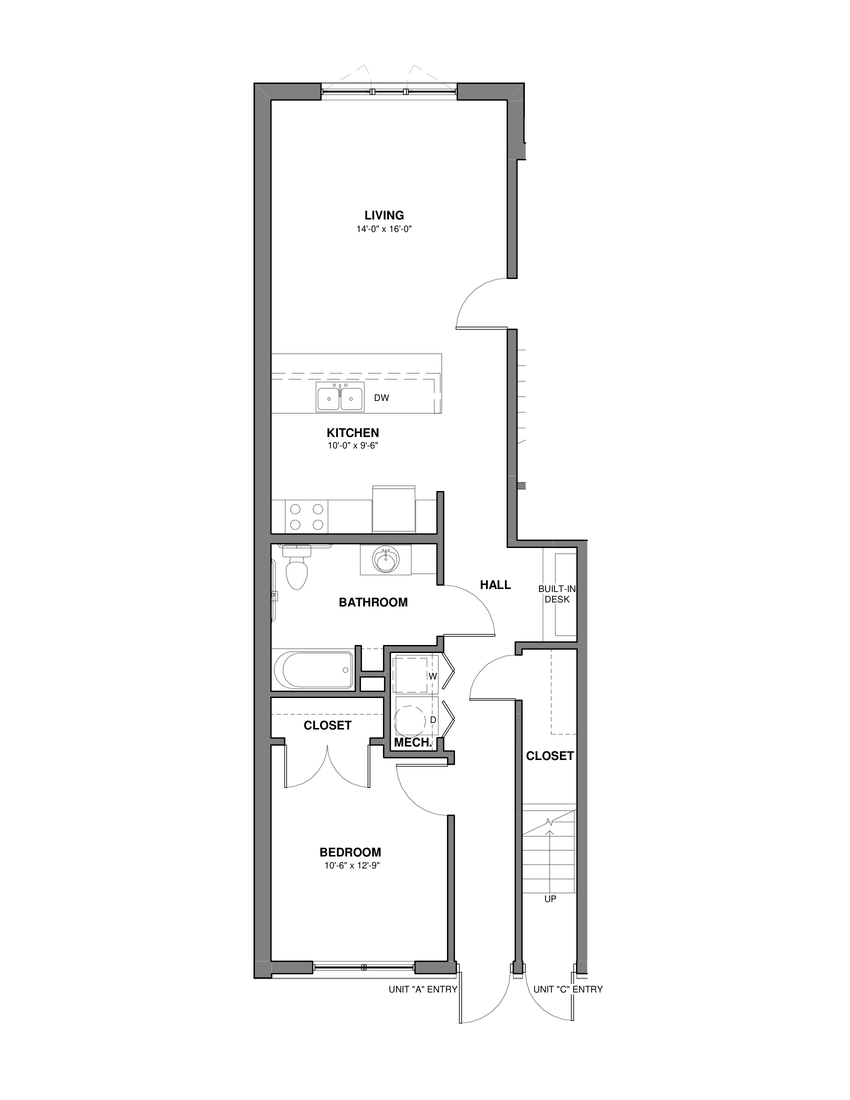 Black-and-white floor plan of a narrow apartment with multiple rooms and hallway.