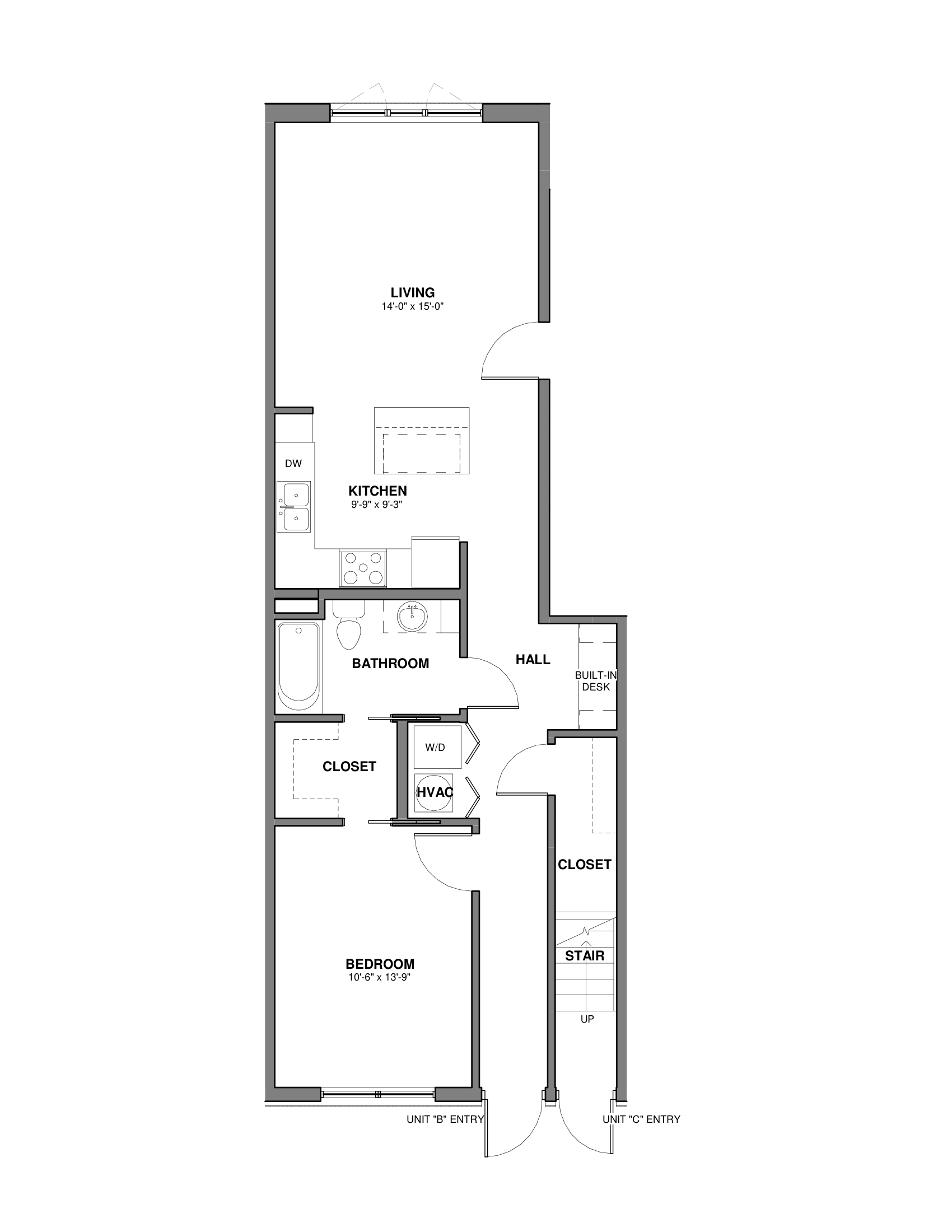 Black-and-white architectural floor plan with several rooms, hallways, and doors.