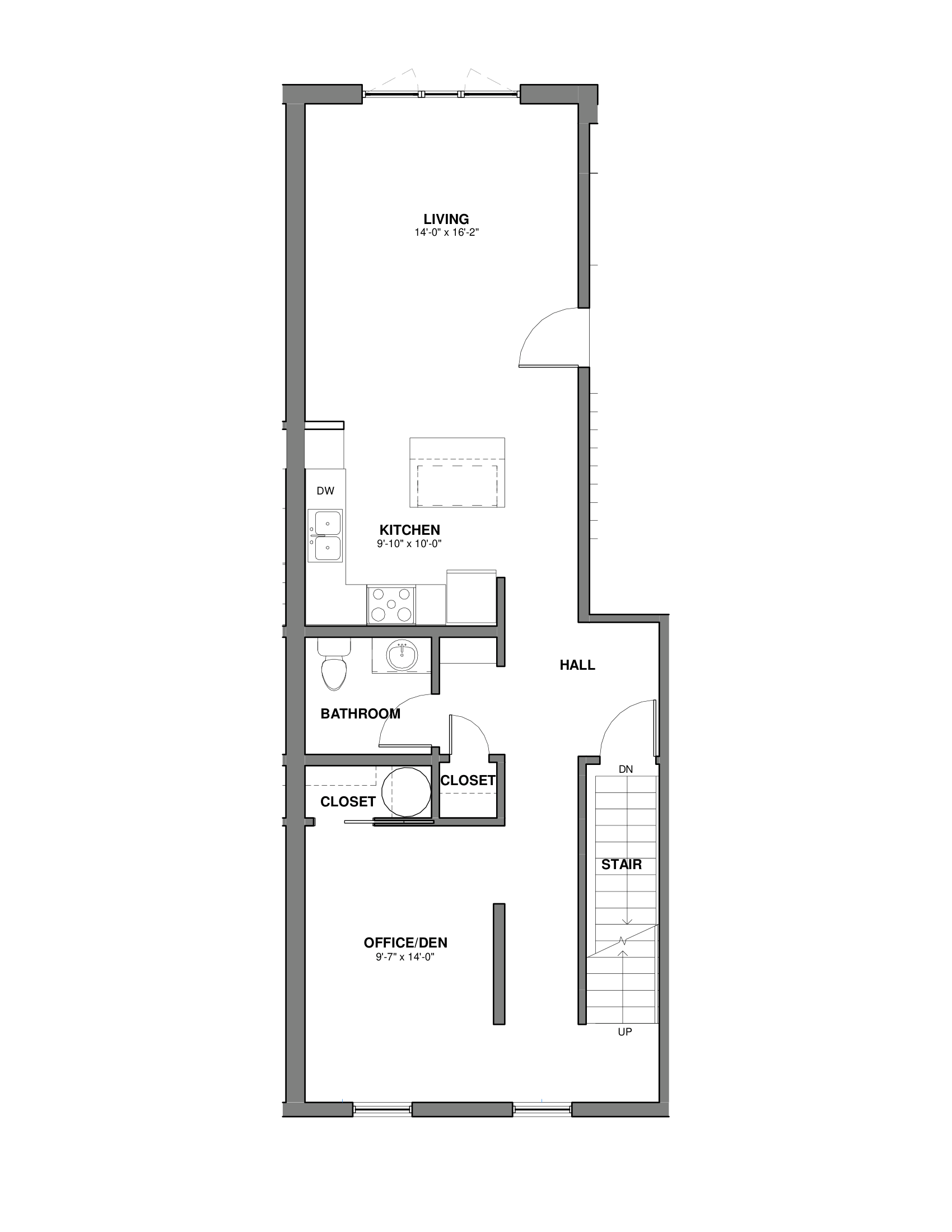 Black-and-white floor plan of an apartment with labeled rooms and hallways