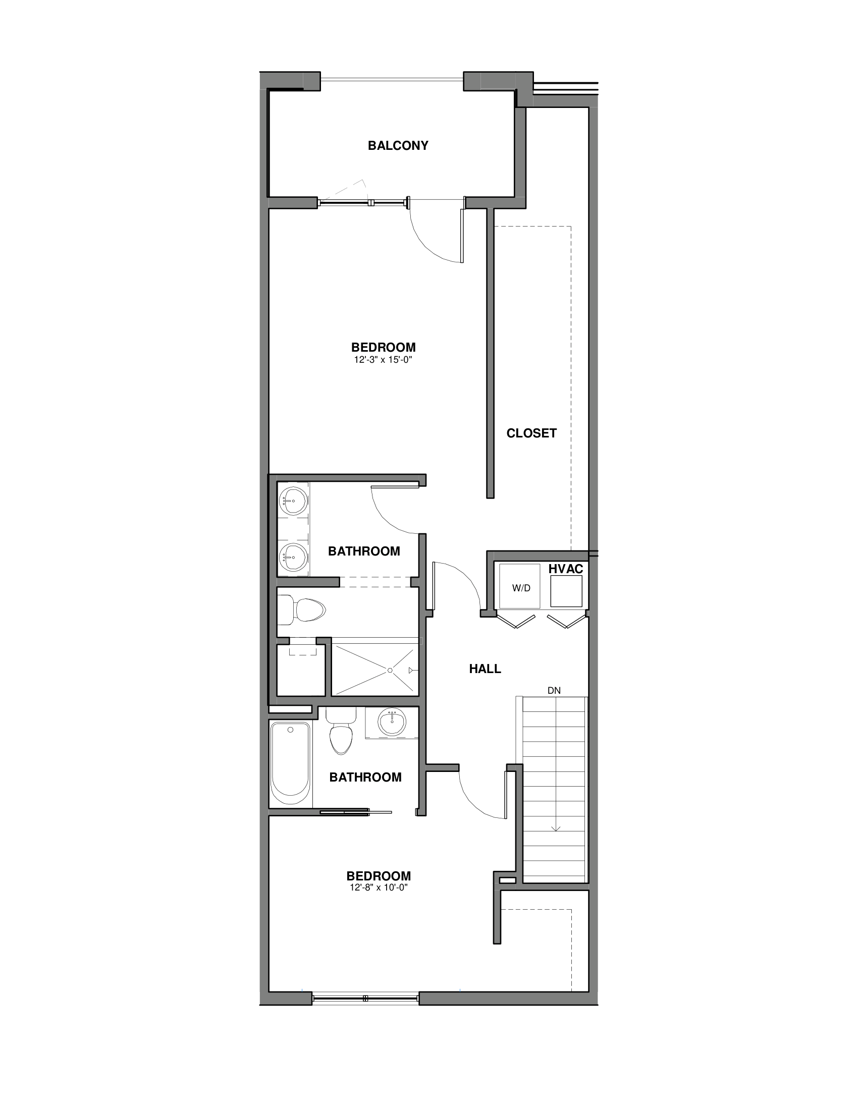 Black-and-white architectural floor plan with multiple rooms and stairs.