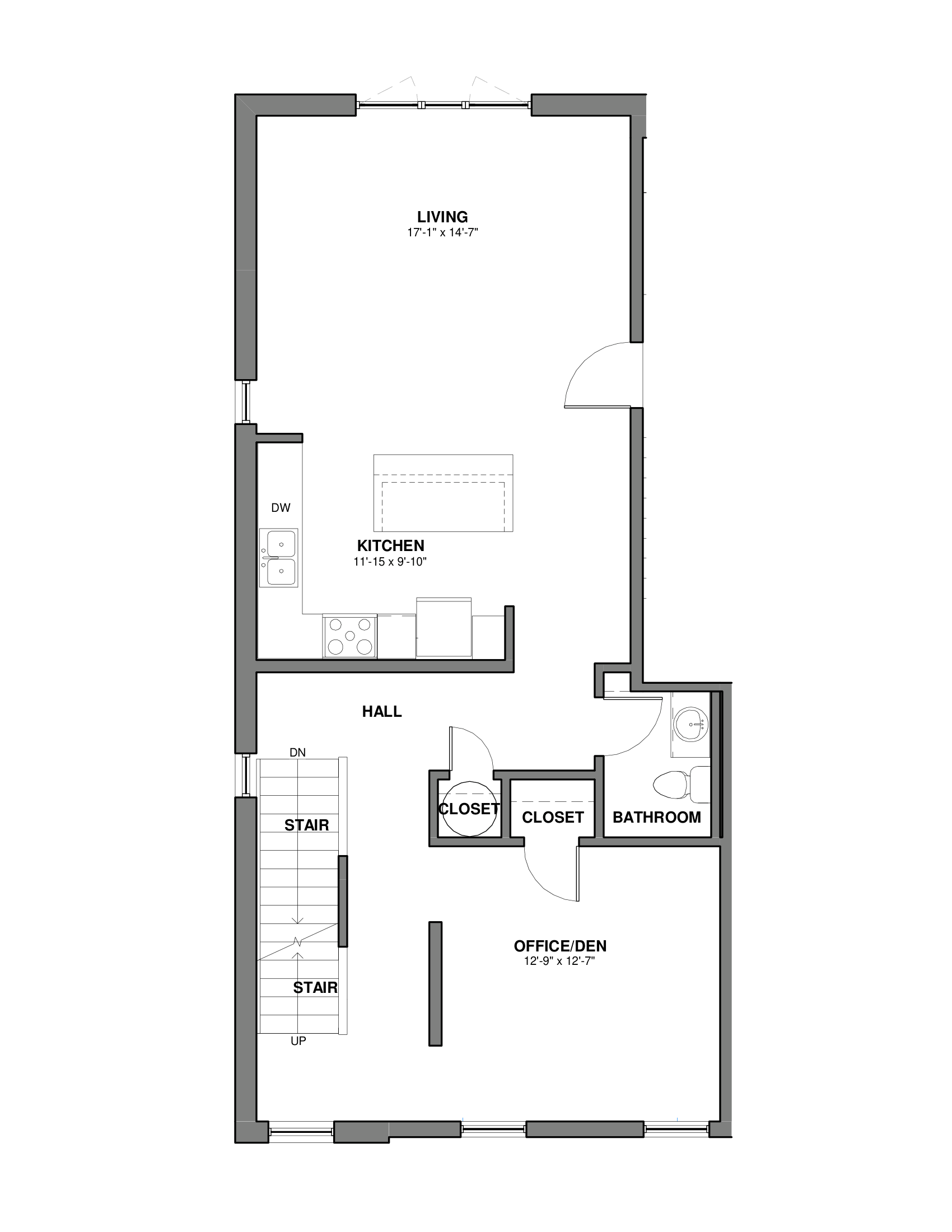 Black-and-white floor plan of a small house or apartment layout with labeled rooms and doors.