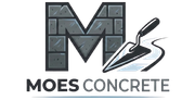 Logo for Moes Concrete: large gray "M" made of bricks, trowel, and company name.