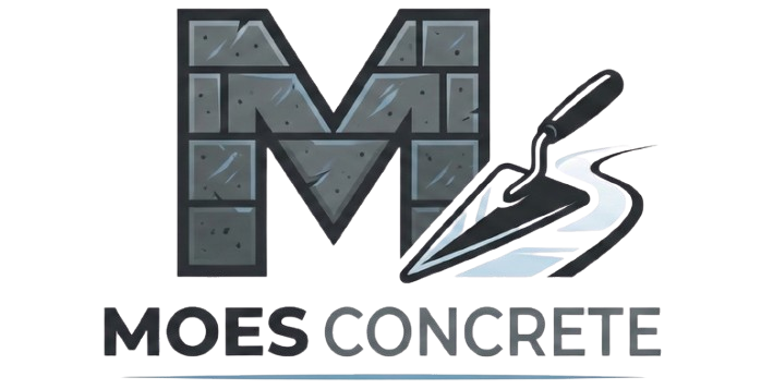 Logo for Moes Concrete: large gray "M" made of bricks, trowel, and company name.