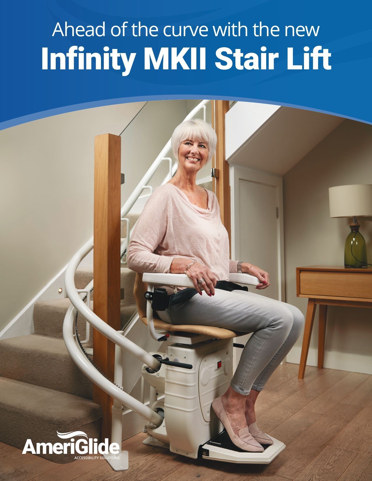 Elder Lady Sitting on a AmeriGlide Stair Lift Elder Lady Sitting on a AmeriGlide Stair Lift