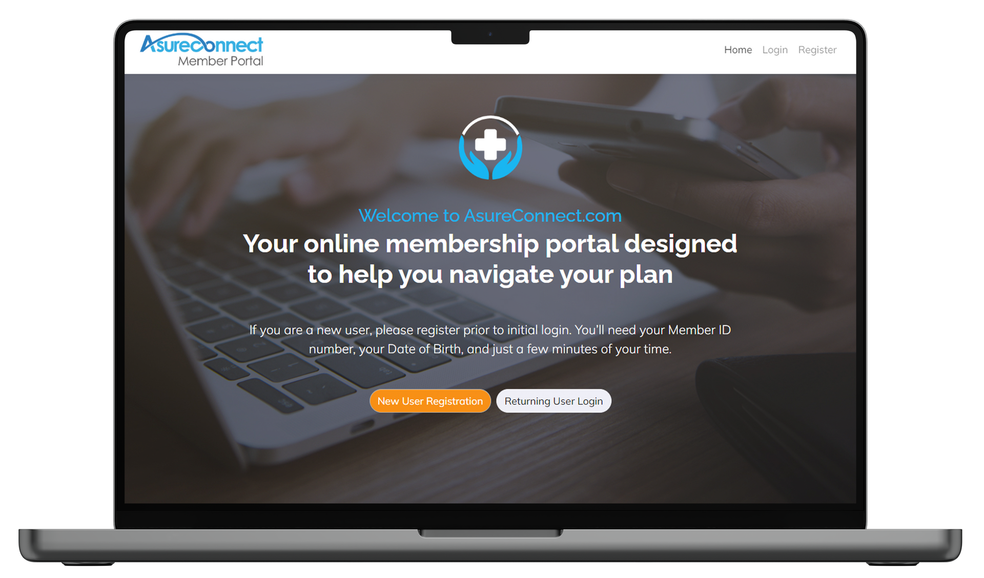 A laptop computer is open to a website that says `` your online membership portal designed to help you navigate your plan ''.