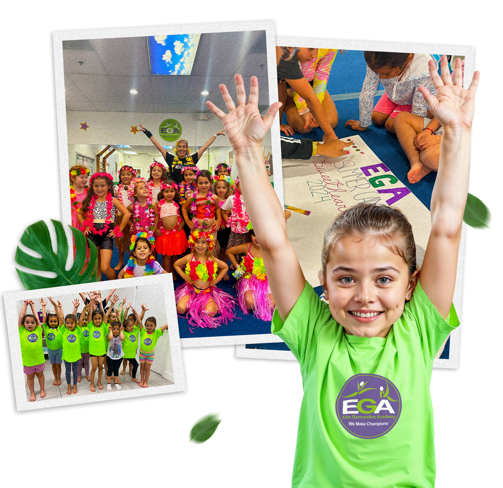 Una niña con una camisa verde levanta las manos en el aire.