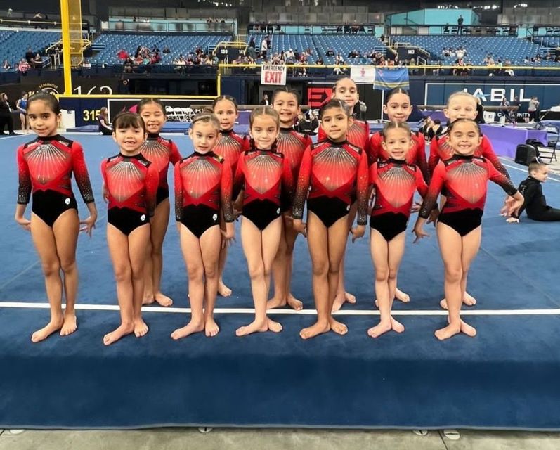 Un grupo de chicas jóvenes posan para una fotografía en una colchoneta de gimnasia.