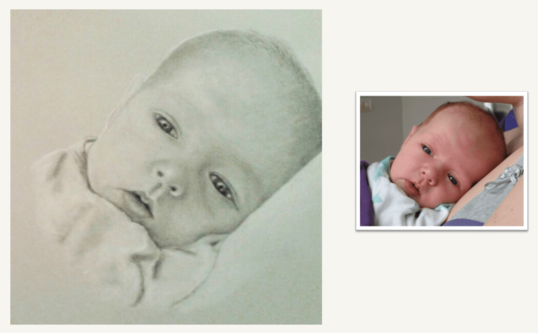 houtskooltekening van foto pasgeboren baby