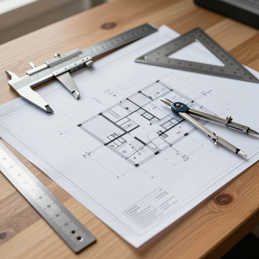 Architectural blueprints on a wooden desk with a caliper, triangle ruler, and drafting compass.