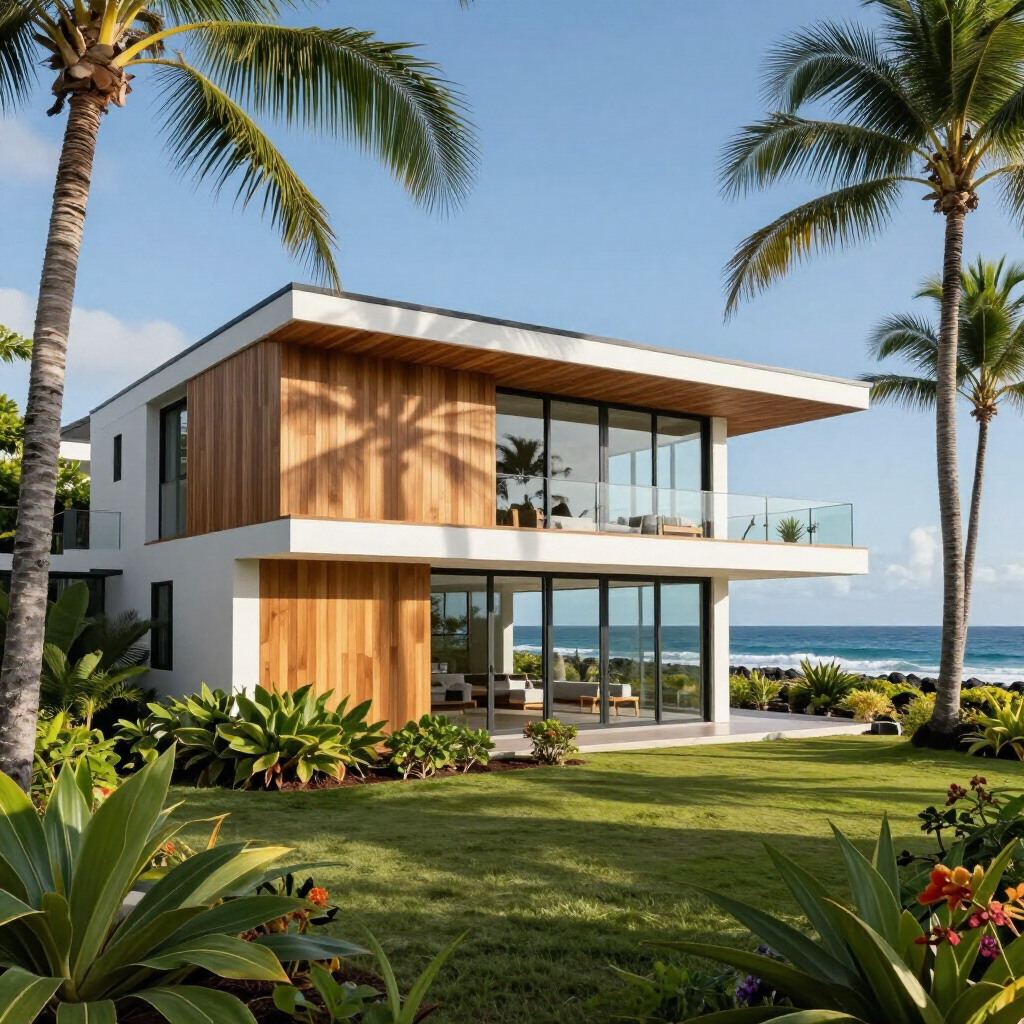 A modern two-story home with white walls and wood paneling, set in a lush tropical garden overlooking the ocean.