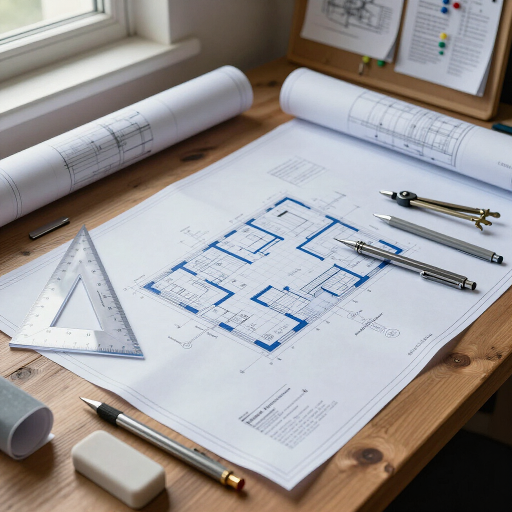 Architectural blueprints, a triangle ruler, drafting tools, and an eraser on a wooden desk near a window.