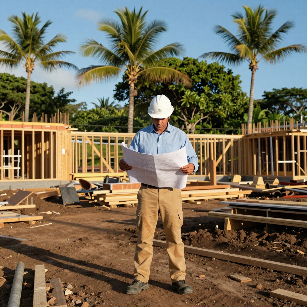A construction worker in a white hard hat stands on a building site, reviewing blueprints in front of wooden framing.